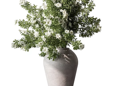 Modern Gray Ceramic Vase With White Flowers And Green Leaves For Interior Decor 3d model