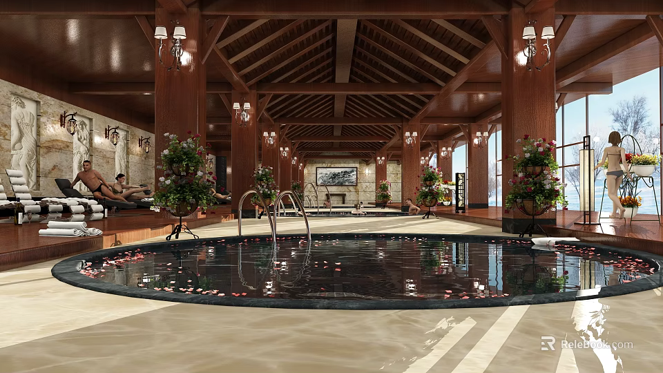 Luxurious Hotel Lobby With Wooden Ceiling Pool Petals Green Plants And Natural Light 3d model 