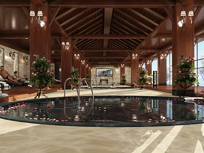 Luxurious Hotel Lobby With Wooden Ceiling Pool Petals Green Plants And Natural Light 3d model