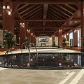 Luxurious Hotel Lobby With Wooden Ceiling Pool Petals Green Plants And Natural Light