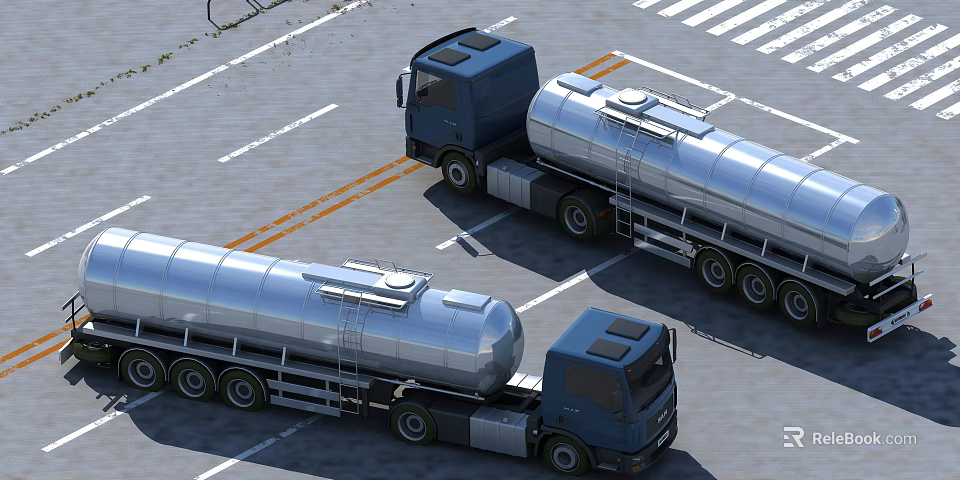 Two Blue Cab Silver Tanker Trucks In Parking Lot With White Lines 3d model 