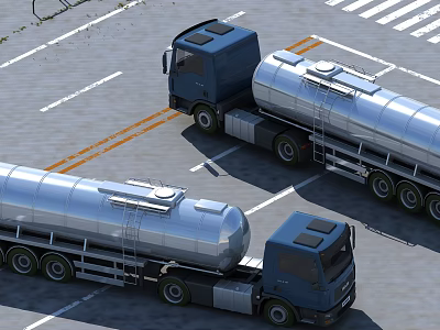 Two Blue Cab Silver Tanker Trucks In Parking Lot With White Lines 3d model