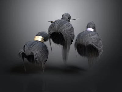 Three Gray Hair Buns With Gold And White Headbands For Daily Use 3d model