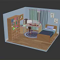 Cartoon Room Scene With Blue Walls Bookshelf Computer Bed Rug Curtains And Wall Art