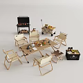 Outdoor Wooden Table and Foldable Chairs Set with Grill Food Drinks and Portable Cart