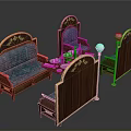 Vintage Wooden Carved Furniture Set With Blue Cushion Sofa Chairs And Table