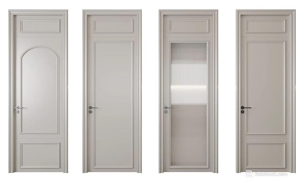 White Hinged Doors With Various Panel Designs Glass Inserts And Mirror 3d model