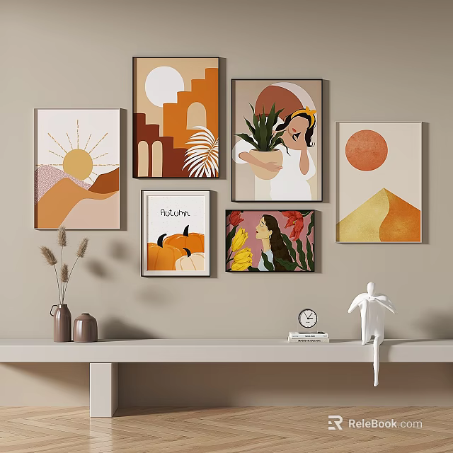 Abstract Art Paintings Displayed On Wall With Decor 3d model