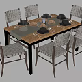 Woven Chair Wooden Dining Table Set With Tableware Candle And Pine Cone Decor