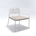 Modern Single Chair Featuring White Metal Frame Slatted Backrest And Beige Cushioned Seat