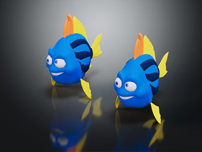 Adorable Blue Cartoon Fish Dolls With Yellow Orange Fins And Smiling Faces 3d model