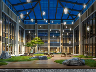 Courtyard Garden Design With Glass Dome Hanging Lights Green Plants Rocks And Wooden Flooring 3d model