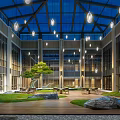 Courtyard Garden Design With Glass Dome Hanging Lights Green Plants Rocks And Wooden Flooring