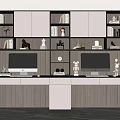 Modern Home Office Desk With Dual Monitors Lit Bookshelves And Decorative Items