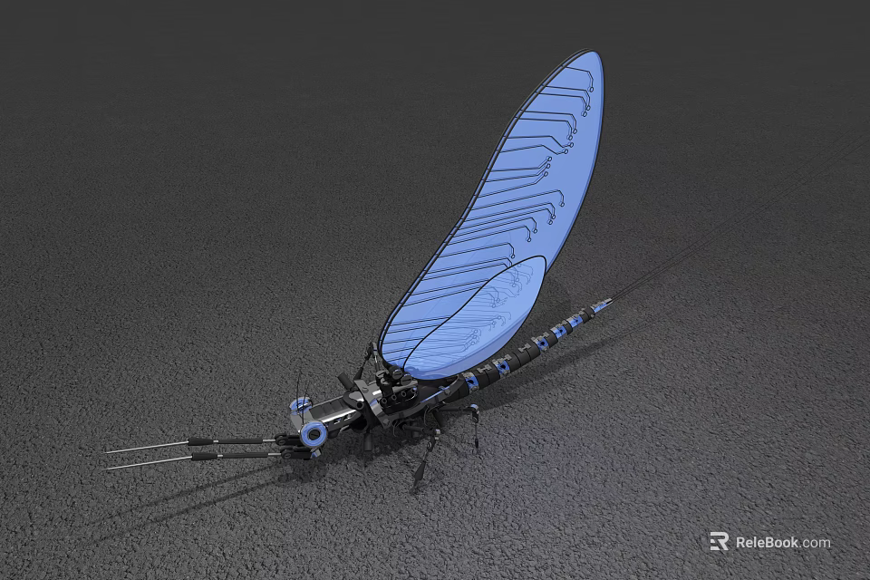 Smart Machine Dragonfly Like With Blue Transparent Wings And Mechanical Structure 3d model 