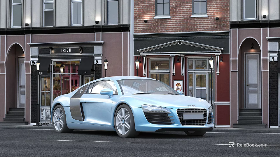 Light Blue Sports Car Parked On Urban Street With Storefront Buildings 3d model 