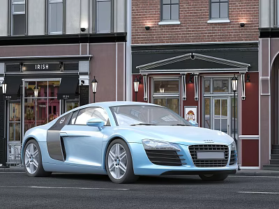 Light Blue Sports Car Parked On Urban Street With Storefront Buildings 3d model