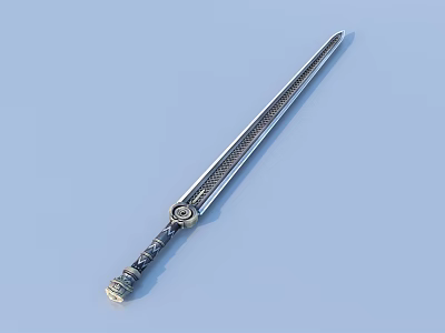 Antique Metal Sword With Ornate Hilt And Patterned Blade On Light Blue Background 3d model