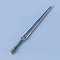 Antique Metal Sword With Ornate Hilt And Patterned Blade On Light Blue Background
