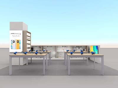 Modern Retail Store Interior With Display Tables And Electronic Devices On Shelves 3d model
