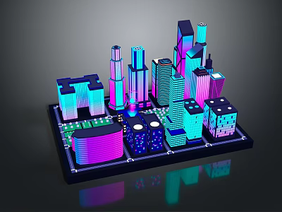 Colorful 3D Cartoon City Model with Vibrant Blue Purple Pink Tall Buildings and Various Shapes 3d model