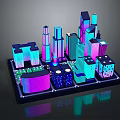 Colorful 3D Cartoon City Model with Vibrant Blue Purple Pink Tall Buildings and Various Shapes