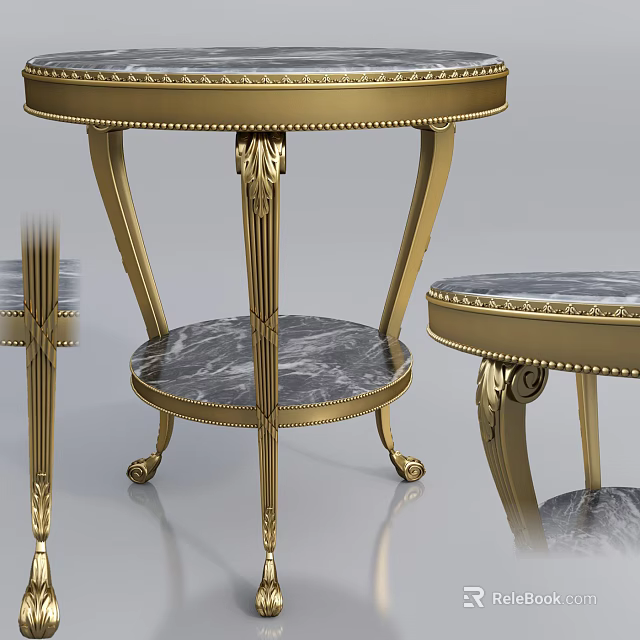Elegant Golden Round Accent Table With Carved Legs And Marble Top 3d model 