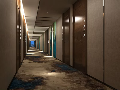 Elegant Modern Hotel Corridor Interior With Soft Lighting Patterned Carpet And Wooden Doors 3d model