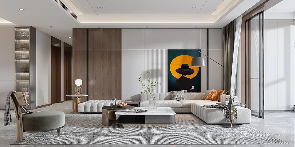 Modern Living Dining Room Interior With Sofa Coffee Table Floor Lamp And Decorative Painting 3d model 