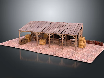 Future Architecture With Wooden Structure Roof Storage Containers Fencing And Sandy Ground 3d model