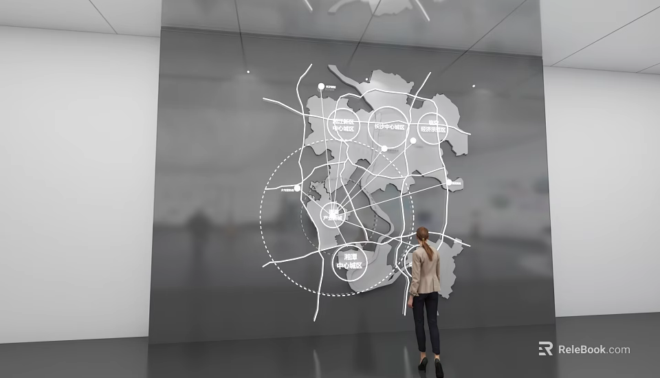 Exhibition Hall Featuring Wall Mounted Geographic Map With White Lines And Circular Markers Visitor Viewing 3d model 