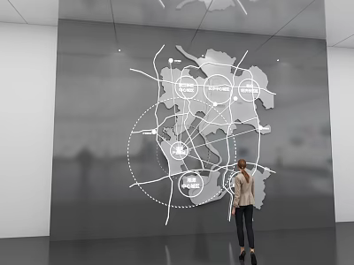 Exhibition Hall Featuring Wall Mounted Geographic Map With White Lines And Circular Markers Visitor Viewing 3d model