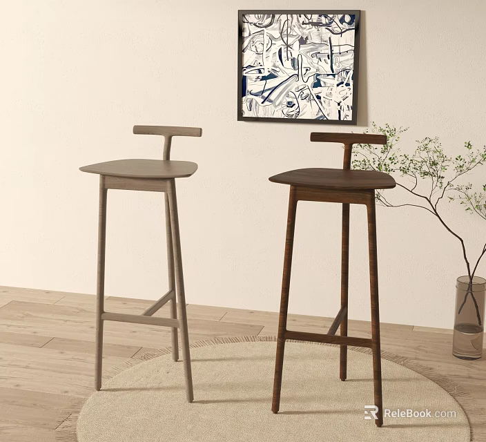 Modern Bar Stools in Light and Dark Wood with Abstract Painting and Green Plant 3d model 