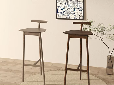 Modern Bar Stools in Light and Dark Wood with Abstract Painting and Green Plant 3d model