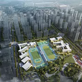 Modern School Campus Buildings With Teaching Blocks Sports Fields And Green Surroundings