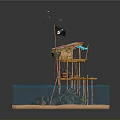 Water Platform Scene Featuring Hut With Straw Roof Black Flag Wooden Chairs And Flying Birds