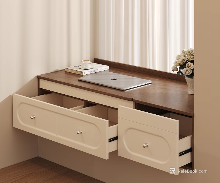 Modern Wooden Desk with Brown Top Open White Drawers Laptop and Books by Window Curtains 3d model 