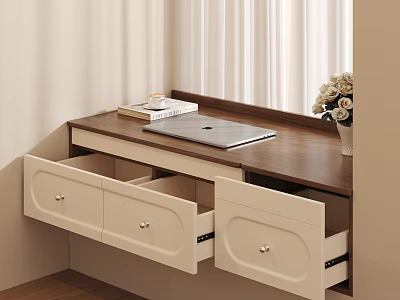 Modern Wooden Desk with Brown Top Open White Drawers Laptop and Books by Window Curtains 3d model