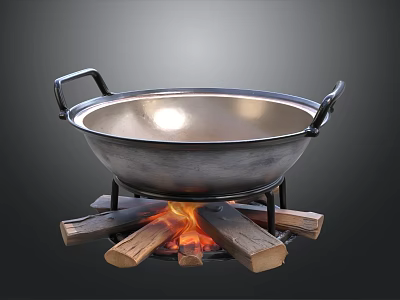 Traditional Outdoor Wok Cooking Setup With Burning Wood Logs And Metal Stand 3d model