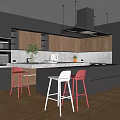 Modern Kitchen Interior With Black Cabinets Wooden Elements Island Counter Bar Stools And Hanging Lights