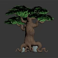 Cartoon Tree With Lush Green Leaves Brown Trunk And Foot Like Roots