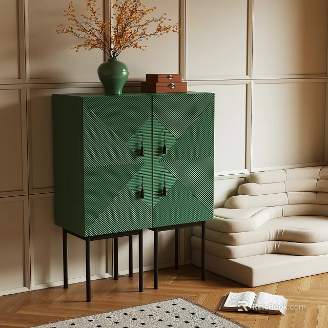Green Entryway Console Cabinet with Geometric Pattern Black Metal Legs and Vase on Beige Wall 3d model 