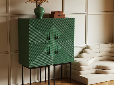 Green Entryway Console Cabinet with Geometric Pattern Black Metal Legs and Vase on Beige Wall 3d model