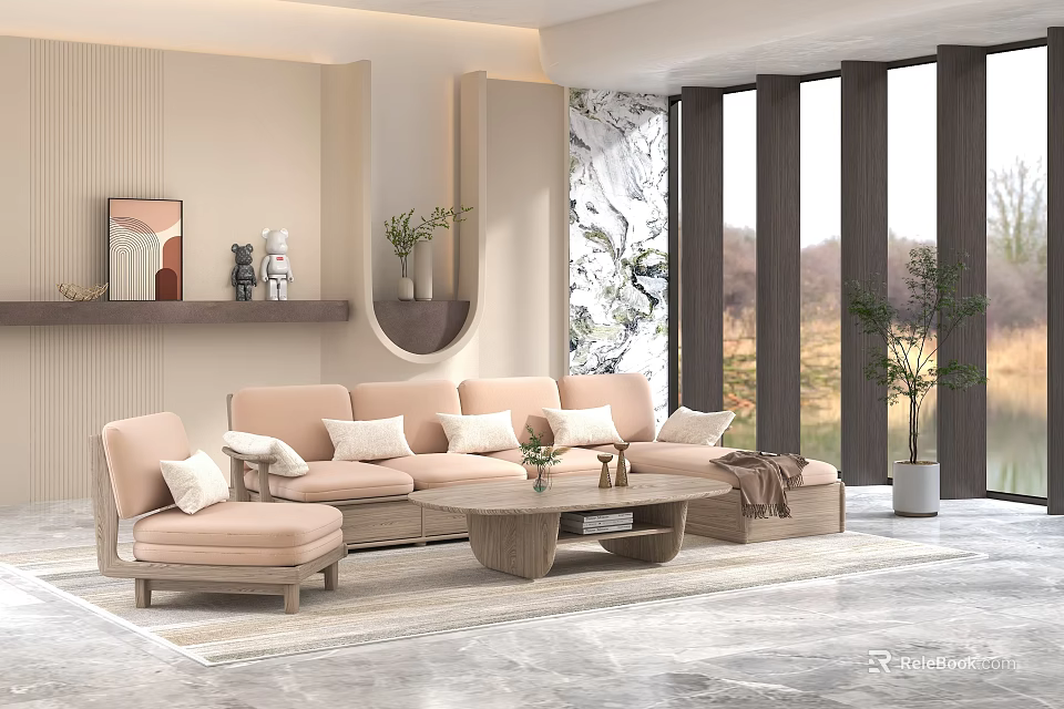 Modern Beige L shaped Sofa and Coffee Table Set with Armchair Green Plants and Large Windows 3d model 