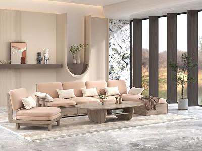 Modern Beige L shaped Sofa and Coffee Table Set with Armchair Green Plants and Large Windows 3d model