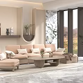 Modern Beige L shaped Sofa and Coffee Table Set with Armchair Green Plants and Large Windows