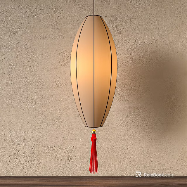 Hanging Beige Lantern With Soft Light And Red Tassel On Textured Wall 3d model 