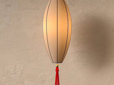 Hanging Beige Lantern With Soft Light And Red Tassel On Textured Wall 3d model