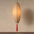 Hanging Beige Lantern With Soft Light And Red Tassel On Textured Wall 3d model