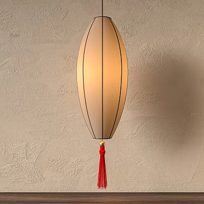 Hanging Beige Lantern With Soft Light And Red Tassel On Textured Wall 3d model
